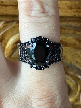 Natural Black Spinel Sterling Silver Ring Set Size 8.75